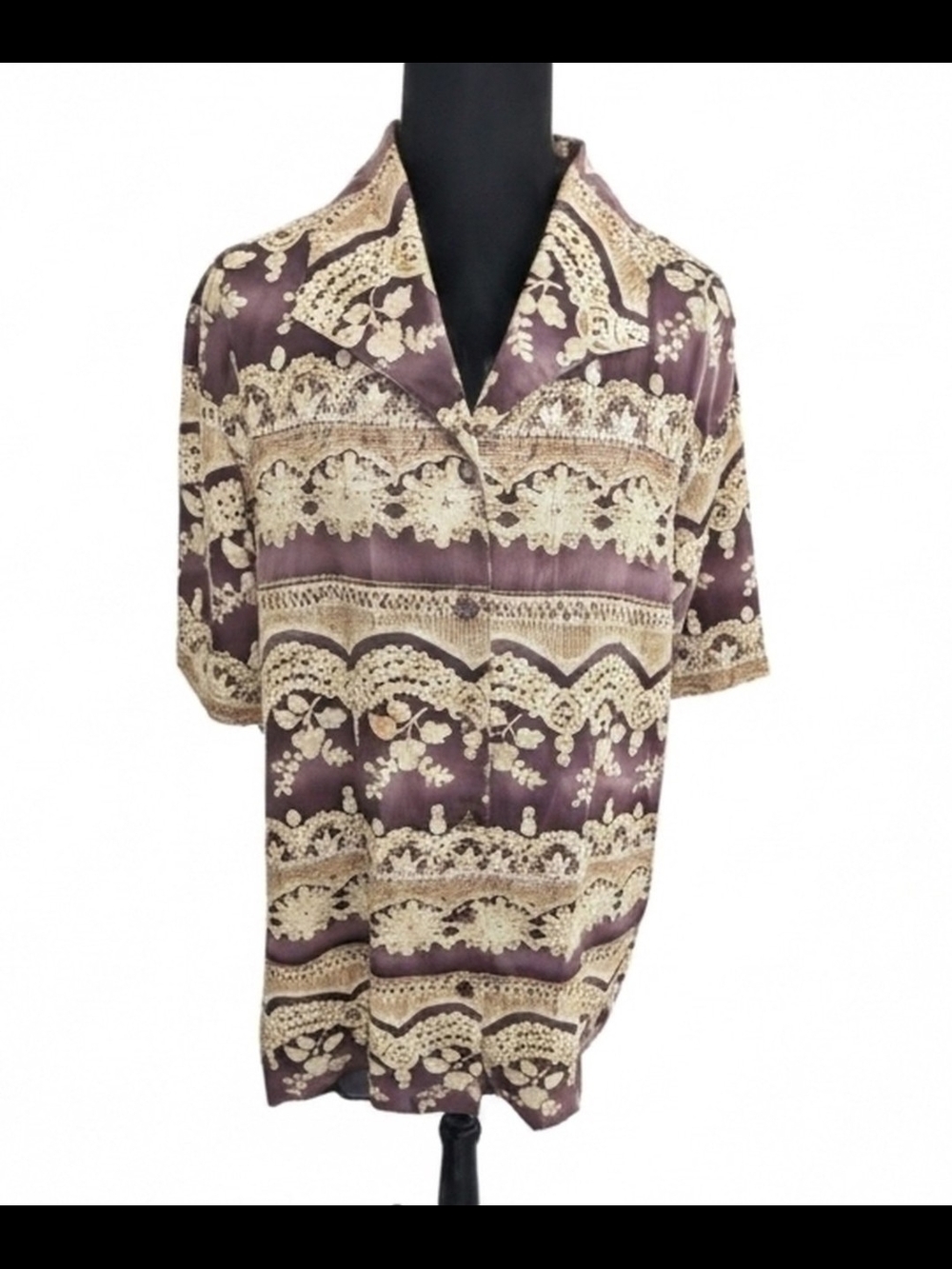 Men's Purple and Cream Patterned Short-Sleeve Shirt Sz 14 (033)